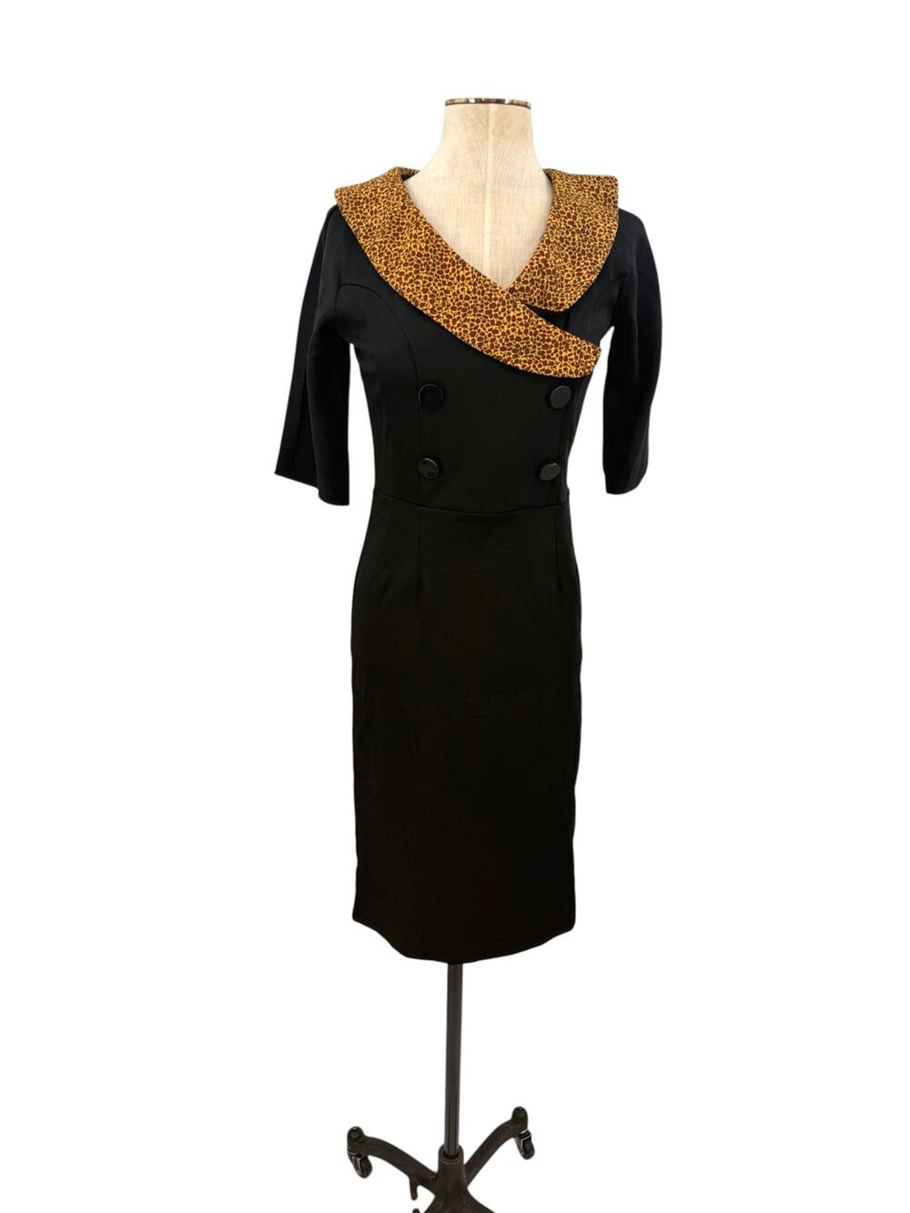 Lindy Bop Leopard Collar Double Breasted Wiggle Pencil Dress Black NWT Size S